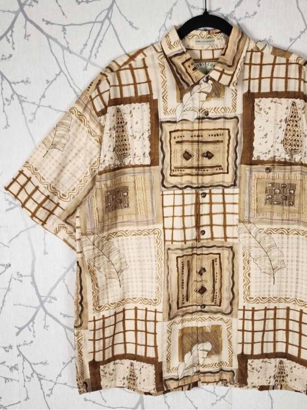 Hibiscus Hawaii Abstract Tribal Print Cotton Sateen Button Front Shirt